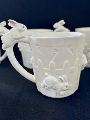Set of 6 Vintage Porcelain Bunny Rabbit Cups Mugs 3D Carrot Inside Easter