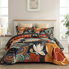 Reversible Black Boho Floral King Quilt Set with 2 Shams - All Season 106"x96