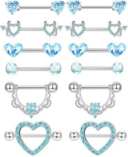 6 Pairs Nipple Rings Stainless Steel Heart Butterfly Moon Flower CZ Stud Barbell