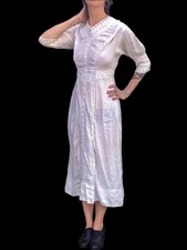 Antique linen ivory 1910s ww1 Titanic Era tea dress ornate lace crochet trim Vtg