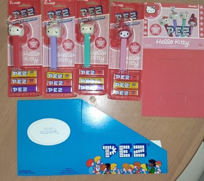 4 Vintage HELLO KITTY PEZ on card & Hello Kitty Counter Top Box (empty) & header
