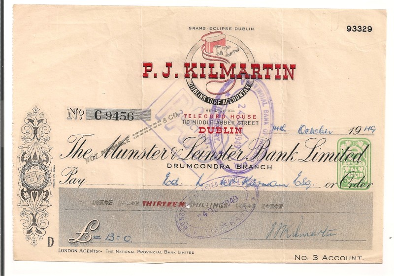 #A1215 IRELAND 1949 Cheque PJ Kilmartin Dublin Munster & Leinster Bank McKiernan