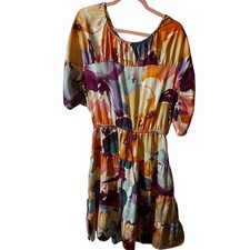 Ann Taylor LOFT Multi Orange Blue Floral Ruched Dolman Dress Size M Night Out 