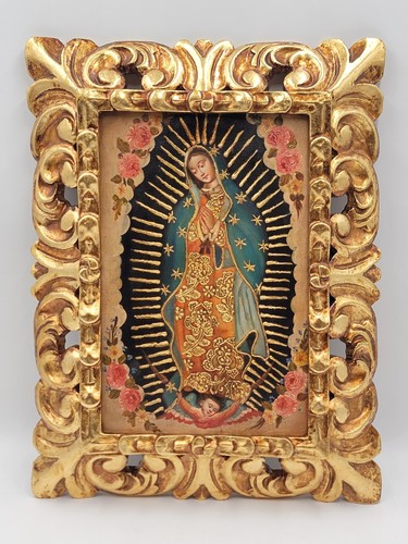 Wunderschönes Estilo cuzqueño Gemälde "Unsere Liebe Frau von Guadalupe" im goldenen Holzrahmen