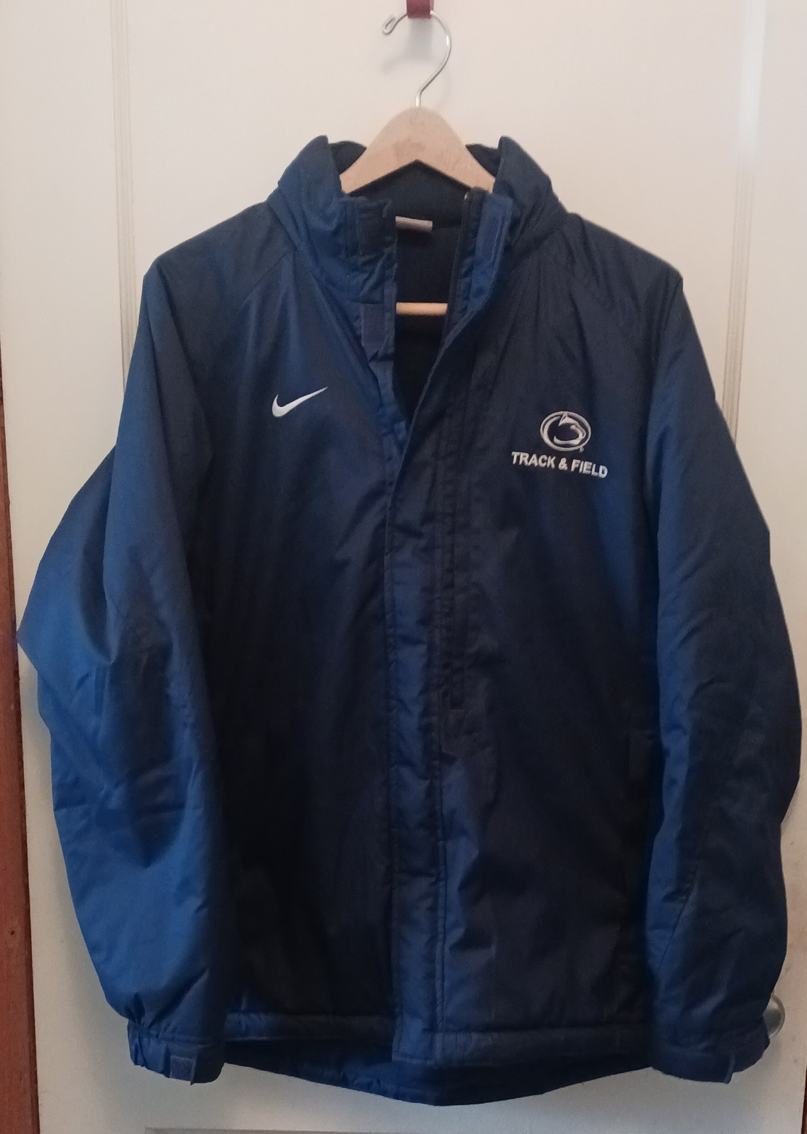 Team Nike Penn State Track & Field Jacket M Blue Coat Hooded Zip PSU Quilted