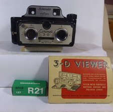 3 Part Kit Coronet 3-D Camera, Roll of B/W 127 Roll Film, and 3-D viewer