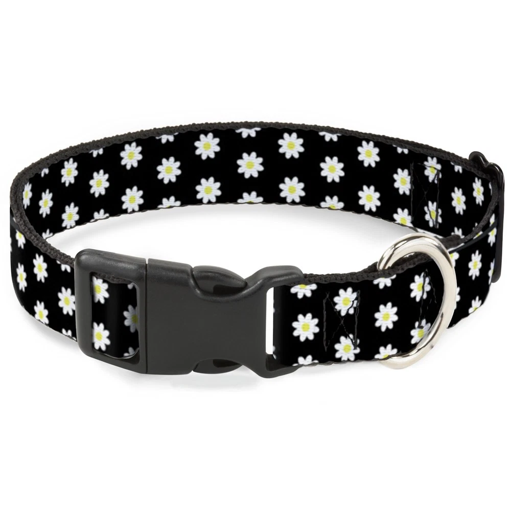 Plastic Clip Collar Daisies Scattered Black/White/Yellow Large 15-24"