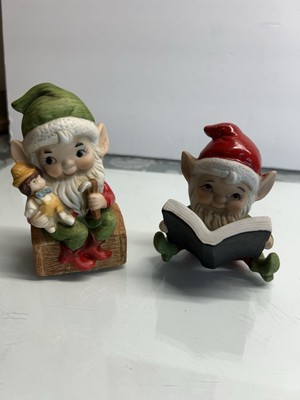 Vintage Homco Christmas Elf Elves Figurines Porcelain Set Of Two Santa #5406