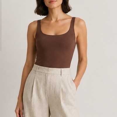 Quince Bodysuit Second Skin Square Neck Stretch Luxe Trip Date Cocoa Small NWT