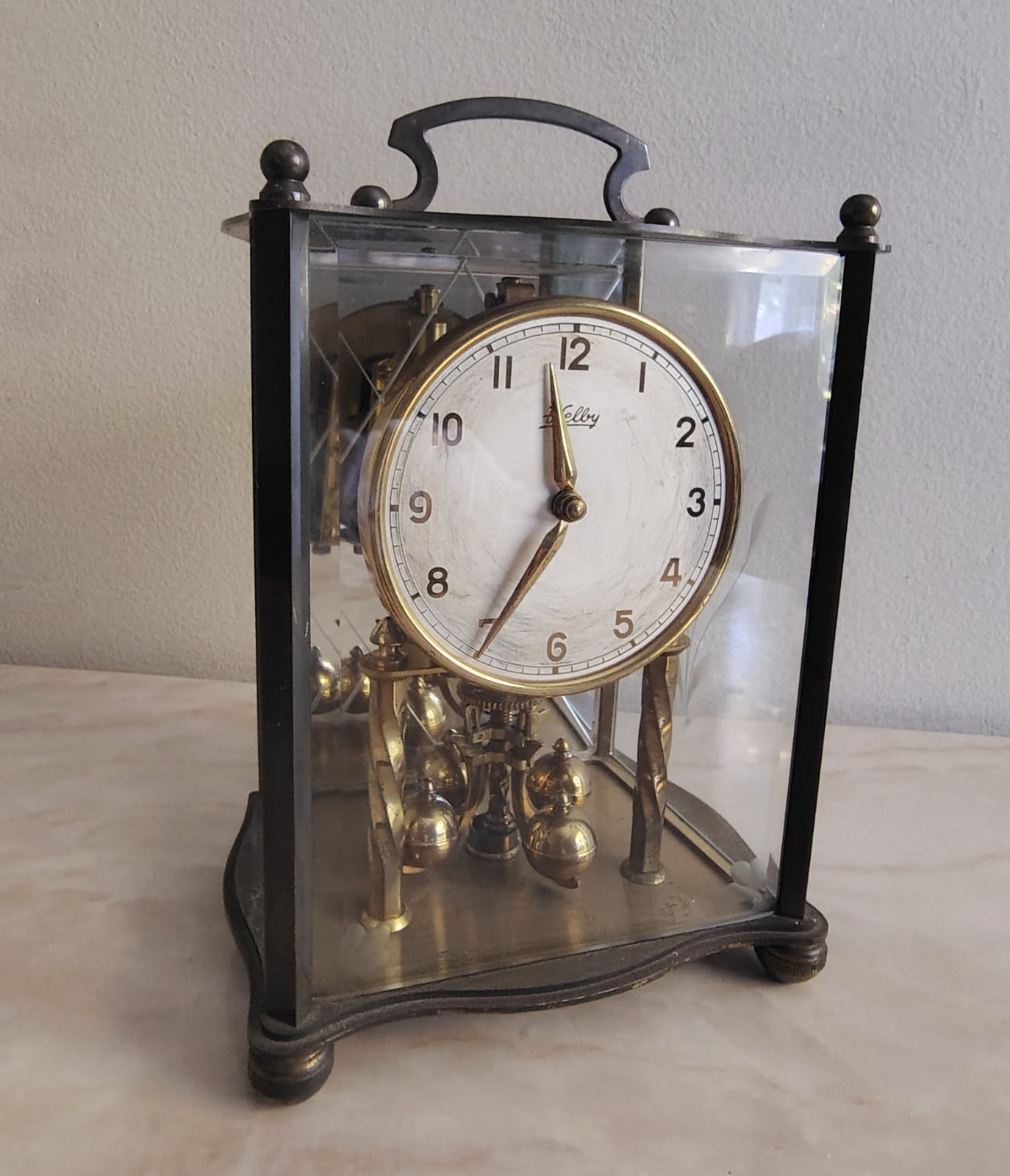 1954 Welby anniversary mantle clock Beveled & ETCHED FLORAL 9" tall