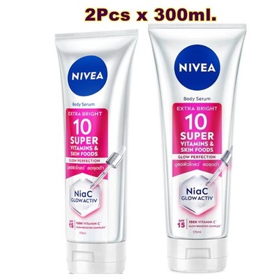 2X NIVEA Whitening Extra Bright 10 Super Vitamins & Skin Food Body Serum 300ml