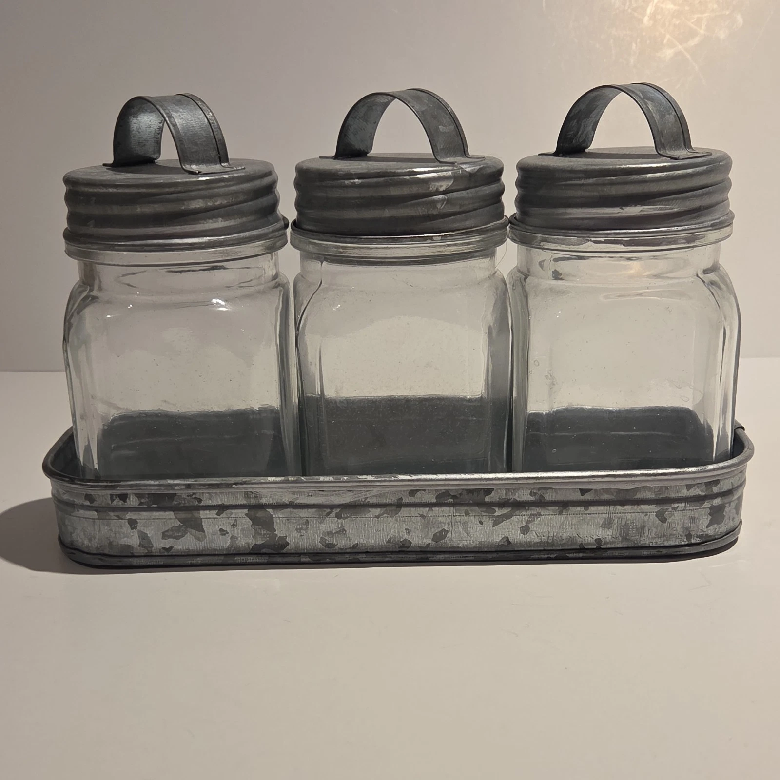 Farmhouse Country Set of 3 Glass Canisters Jars Galvanized Metal Tray