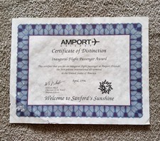 INAUGURACYJNY LOT AMPORT, ORLANDO kwiecień 1996 Certyfikat nagrody