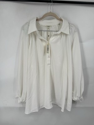 Max Studio Women 2X White Quarter Button Blouse Ivory Peasant Cottage Prairie