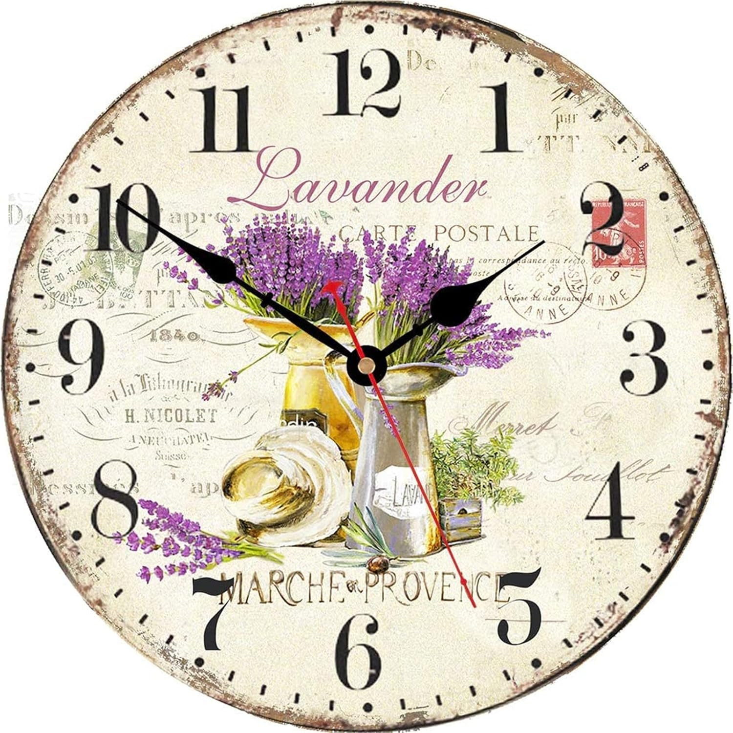Lavender Wall Clock, Small Vintage Floral Provence Kitchen Clocks, Retro Rustic