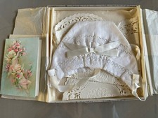 The Magic Hanky Pure White Linen Cotton Lace Vintage Baby Bonnet w Note Card Box