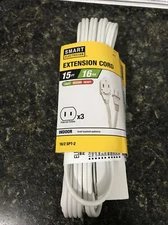 15’Indoor 3 Outlet Plug 16/2 Electric Power Extension Cord White (1-AQ-9)