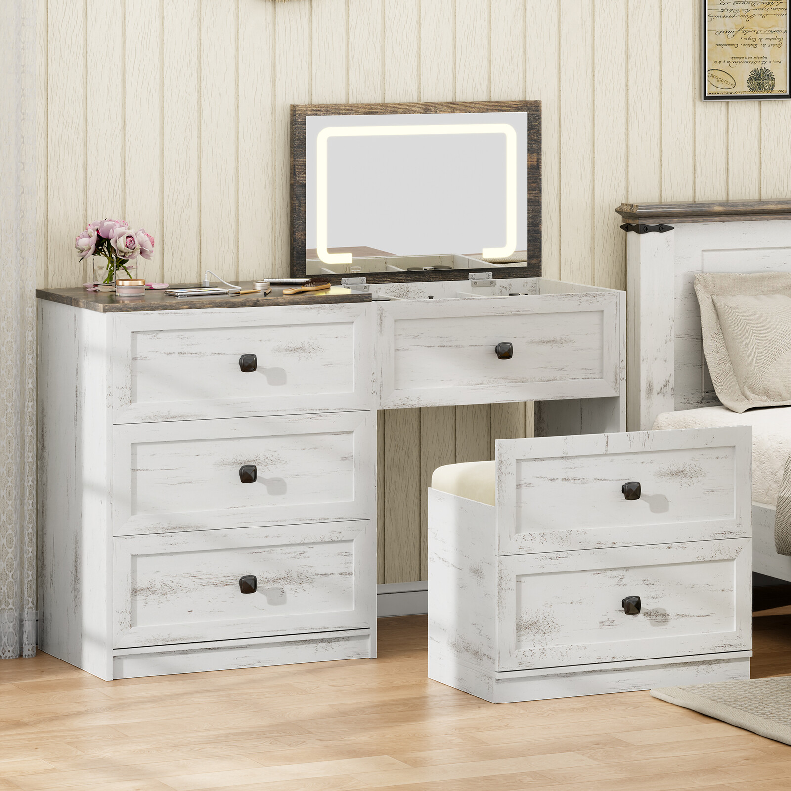 Vanity desk with flip-top mirror, LED lights, and gun drawer for makeup and storage