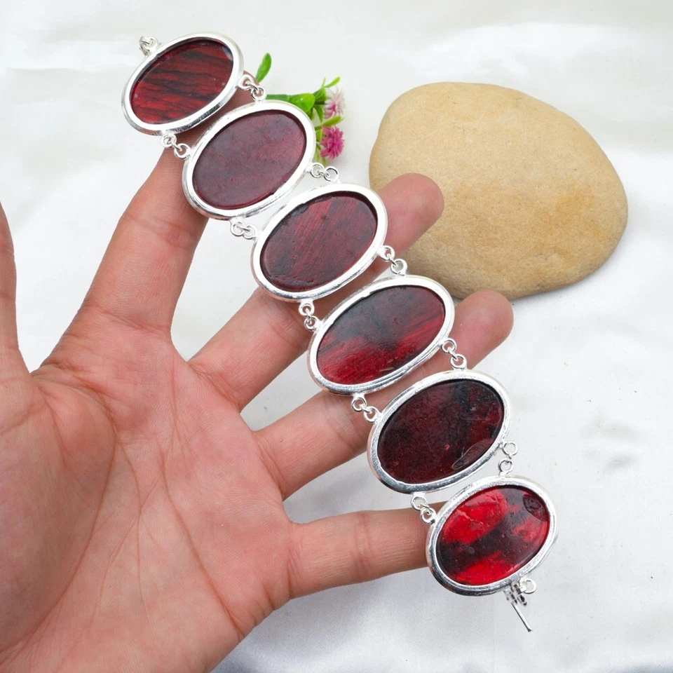 Red Flash Labradorite Chain Bracelet 925 Sterling Silver Handmade Jewelry Gift - Image 2 of 4