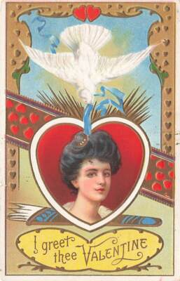 c1910 Fantasy Dove Woman Ribbon Hearts Valentines Day P418