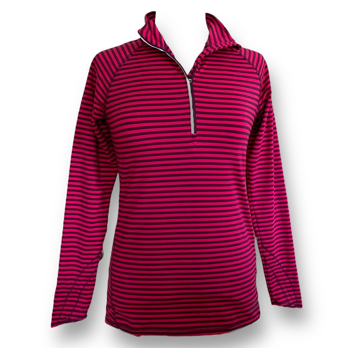 LL Bean Womens Base Layer Top XS Red Purple Stripe 1/4 Zip