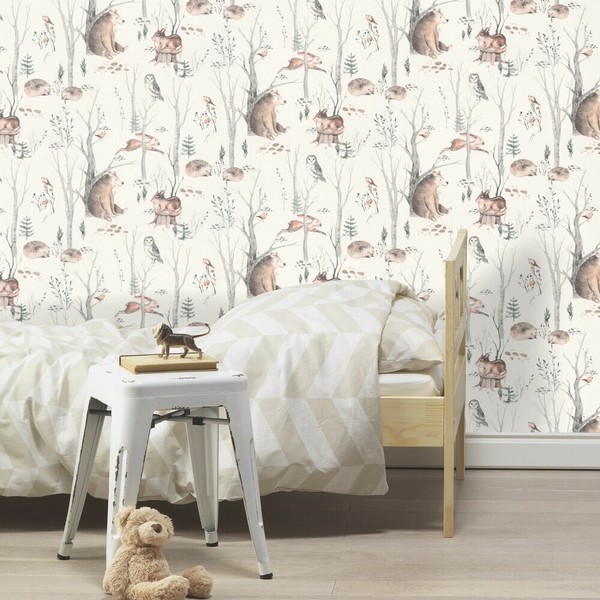 Rasch Vliestapete Hase BäR Eule BäUme Wald Weiß Grau Braun 300048 (3,49€/1Qm)-image