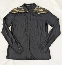 GUESS Sheer Black ButtonDown Collar Shirt Metallic Beaded Shoulder Made in India