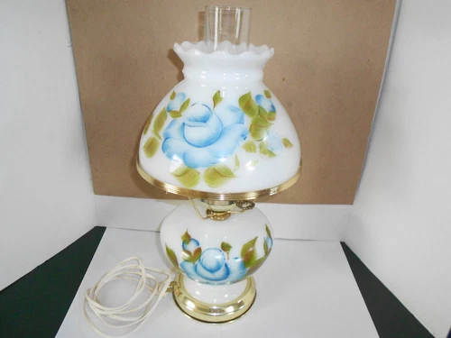 Vintage Milk Glass Hurricane Table Lamp, transferware underwriters laboratories