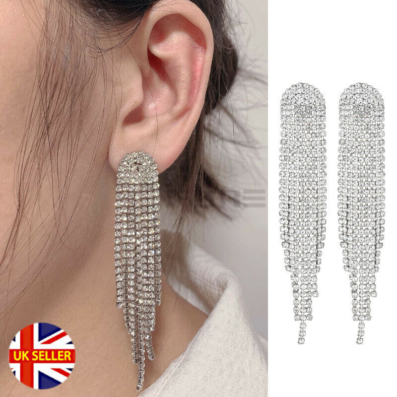 ☆TATIANA☆ Silver 925 Crystal Line Drop Earrings EC1974 Silver Tone Big Hanging Crystal Long Tassel Drop Geometric