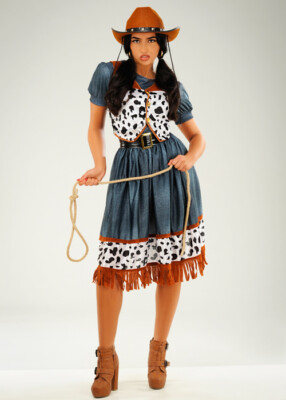 Adult Womens Wild West Annie Oakley Style Long Cowgirl Fancy Dress Costume  UK