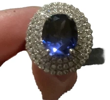 Lab Created 4 Karat Sapphire Surrounded By Lab Diamonds White Gold Plated Sz 6 
