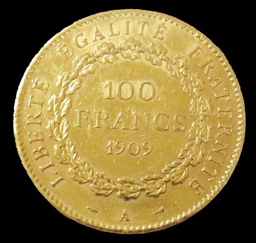 1909 A GOLD FRANCE 100 FRANCS STANDING GENIUS COIN - Picture 2 of 2