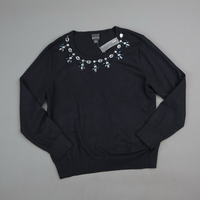 Covington Petite Black Sweater XL Embellished Rhinestone Detail Soft Rayon Blend