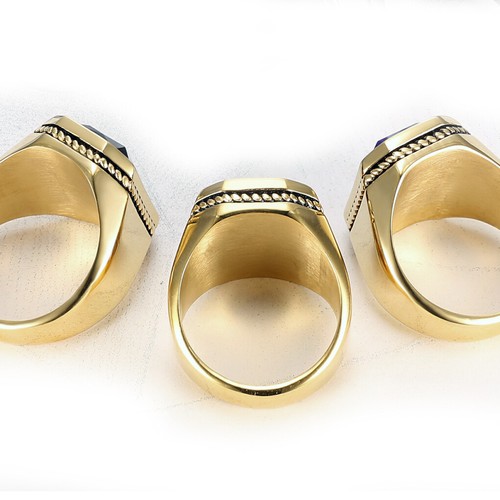 Vintage Square Red Glass Wedding Ring Stainless Steel Men's Retro Wedding Ring - Picture 2 of 4