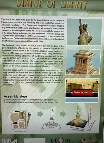Daron Statue of Liberty 3D 39 Piece Foam Puzzle Kit Model #CF080H New Sealed - Picture 2 of 2