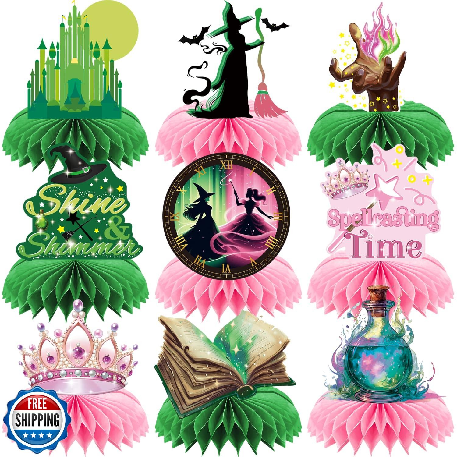 9pcs Pink Green Witch Honeycomb Centerpieces for Magical Party Table Decor