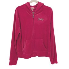 Juicy Couture Velour Hoodie Womens XL Pink Rhinestone Logo Zip Up Y2K Indie Glam