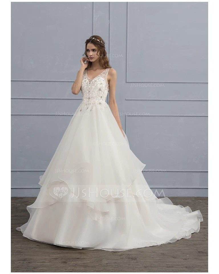 Abito da ballo scollo a V corte treno organza abito da sposa con paillettes... - Immagine 3 di 4