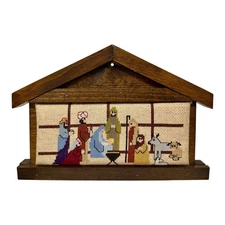 Vintage 1970s Handmade Cross Stitch Nativity Scene Wooden Manger Frame Hanging