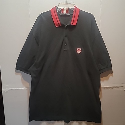 Bally, Vintage Bally Golf Black Polo Shirt W/ Striped Red & White Collar Crest Logo XL