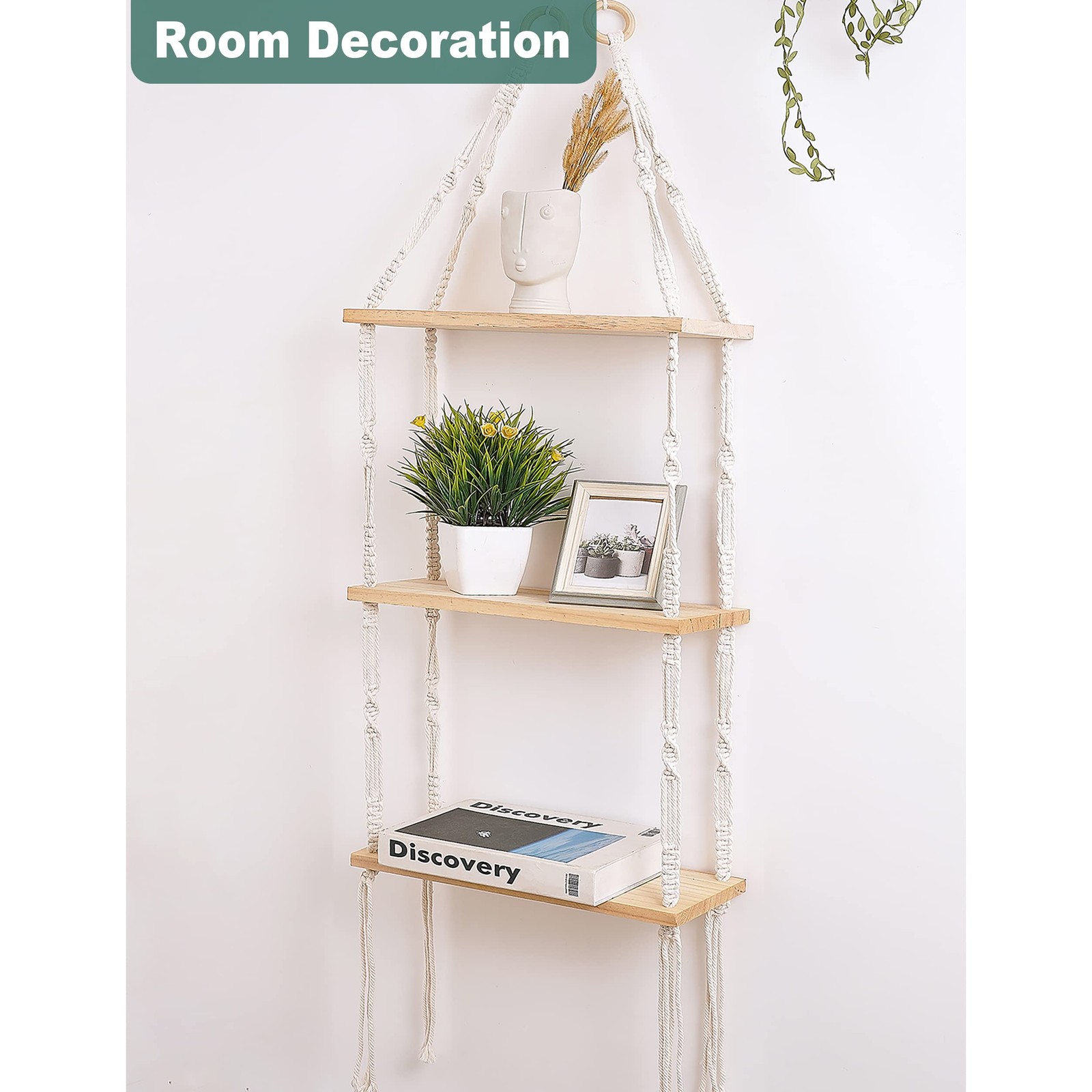 Boho 3-Tier Wooden Plant Shelves - Macrame Wall Hanging Storage for Apartment...