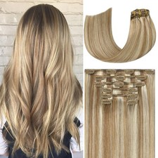 Clip in Hair Extensions Real Human Hair - 18 Inch 75g 7pcs Straight Golden Bl...