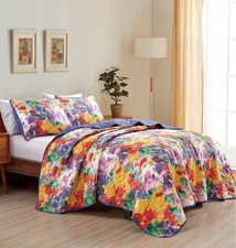NEW 3-Piece Ksana Flower Purple Bedspread Set Orange Floral Quilt Set Queen Size