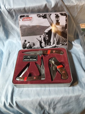 #ad #ad Vintage Coleman Brand Set Of 3 Knifes w Nylon Sheath and Metal Tin $40.00