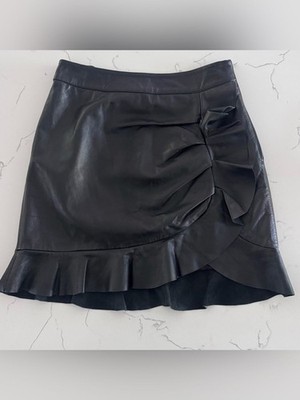 Karina Grimaldi Ariel Leather Skirt XS NWT Black Lamb Leather Ruffle Mini $260