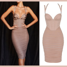 NEW $269 House Of Cb [ XS ] JOSEPHINE Taupe Pleated Corset Midi Dress T2013