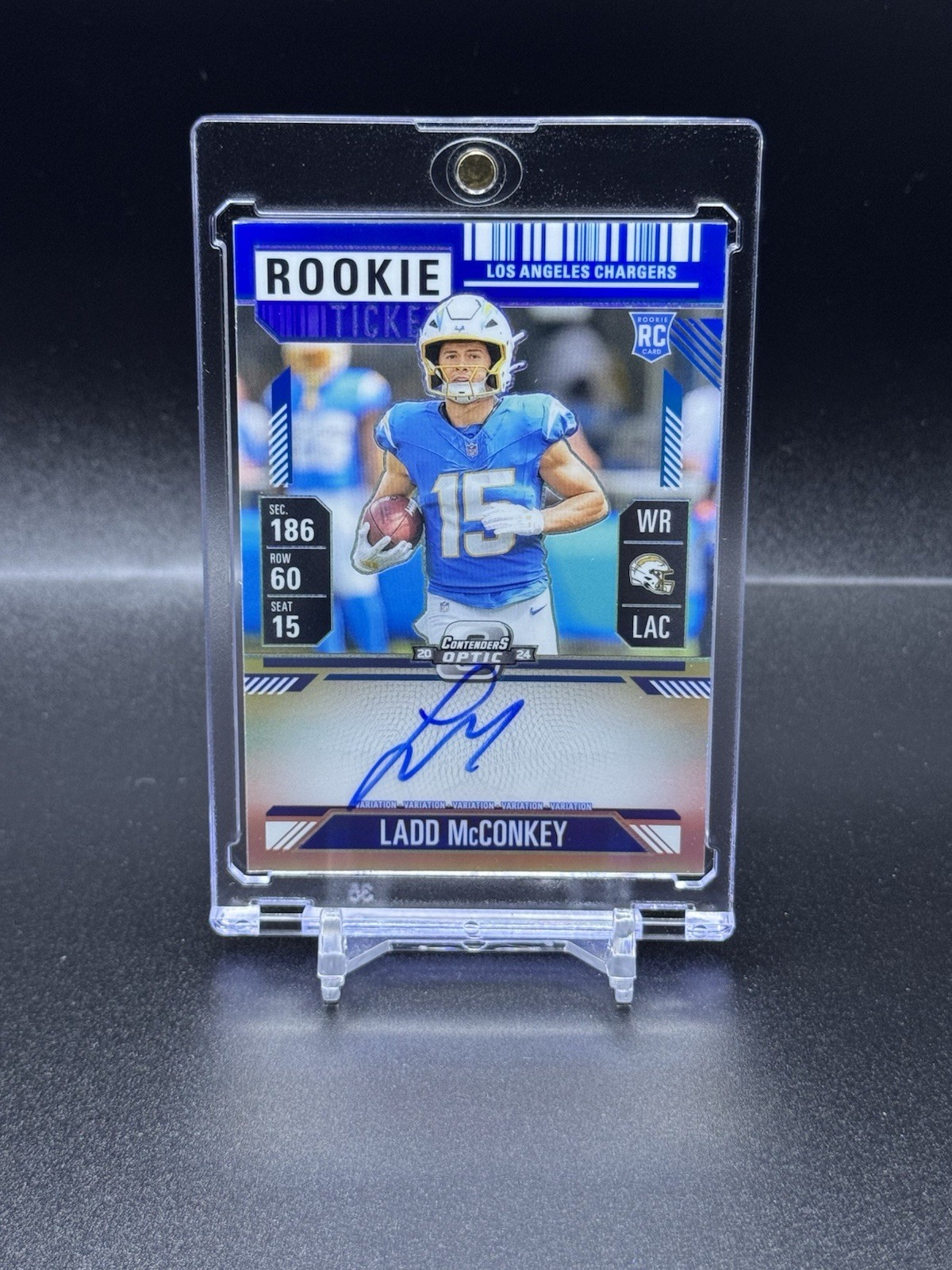 2024 Panini Contenders Optic Rookie Ticket Ladd McConkey #110 Blue /75 Auto