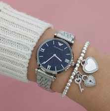 Image of NEW EMPORIO ARMANI WOMENS WATCH AR11091 SILVER STRAP DARK BLUE DIAL GENUINE