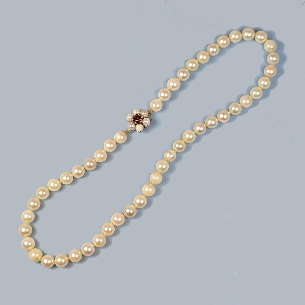 Vintage Pearl Necklace 9ct Gold Garnet Floral Clasp Choker 1985 image 6
