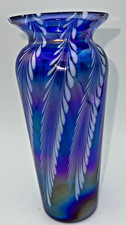 SILVESTRI Iridescent Blue Pulled Feather Art Glass Vase - 7"